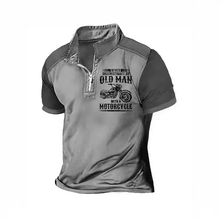 Men's casual lapel collar polo shirt with a digital letters pattern and zipper details on the front.