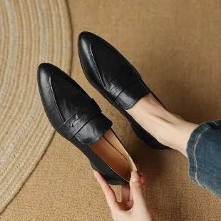 Women's retro pointed toe flat bottom slip-on loafers in black and brown with square toe and rubber sole