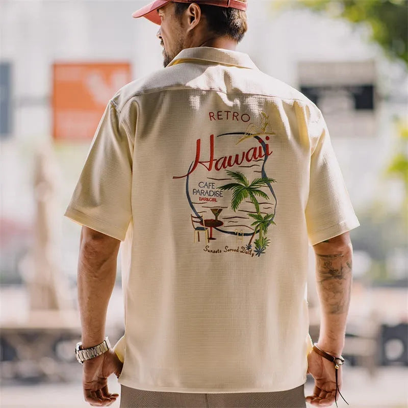 Light apricot bamboo pattern Cuban collar shirt for men with plants and flowers design