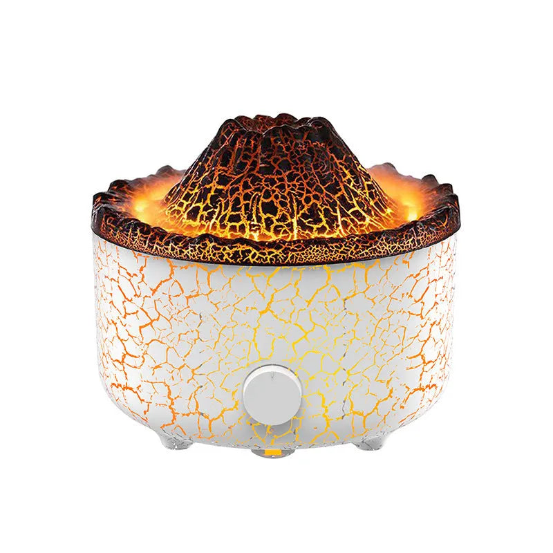 Column-shaped volcano humidifier diffuser emitting mist with red and orange LED flame effect