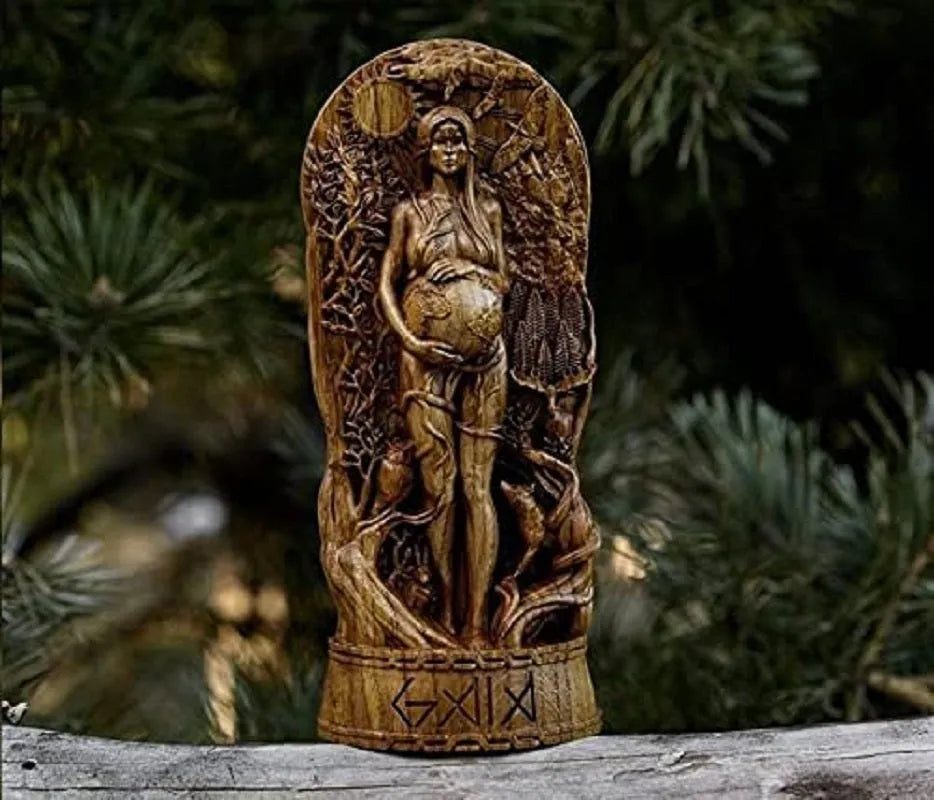 A detailed synthetic resin statue of a Greek goddess, 22cm tall, shown in a garden setting.