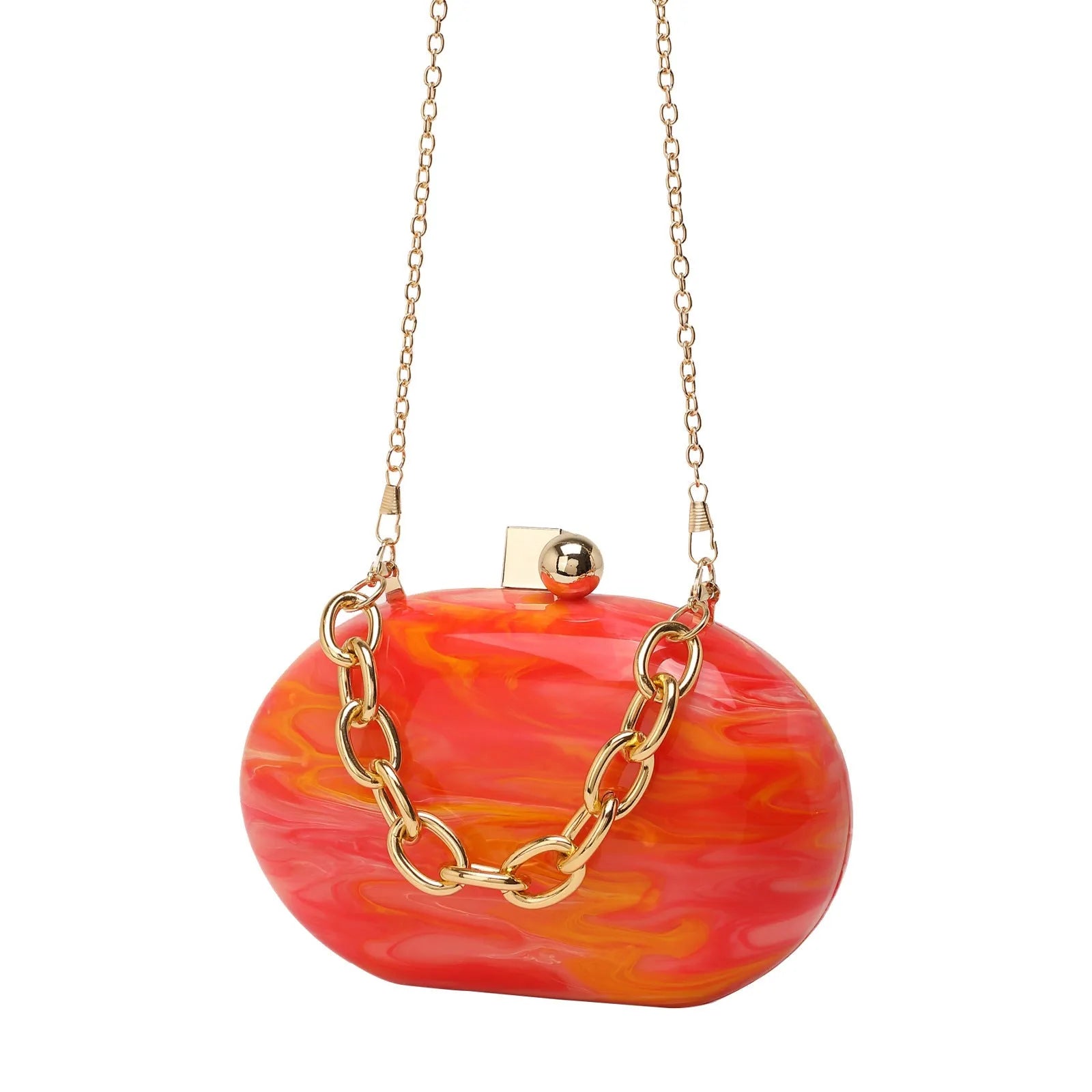 Hard acrylic oval clutch bag with chain strap in a pearlescent colour with phone and file compartments visible.
