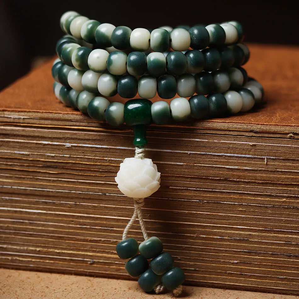 Lotus white jade Bodhi beads bracelet with floating flowers landscape pattern in ethnic style