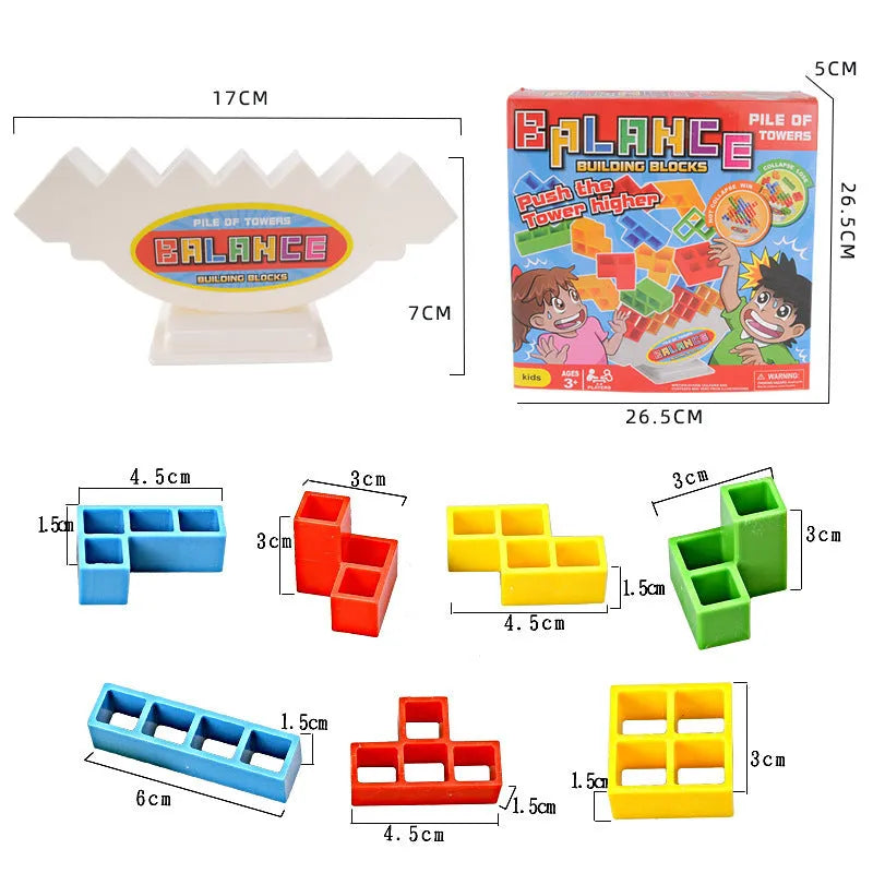Plastic balance stacking game with 16 colourful building blocks on a square chassis