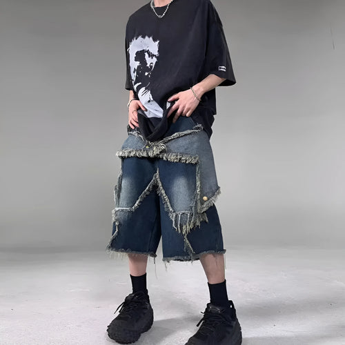 Blue denim shorts with frayed five-pointed star design detail, loose fit cut for summer casual wear
