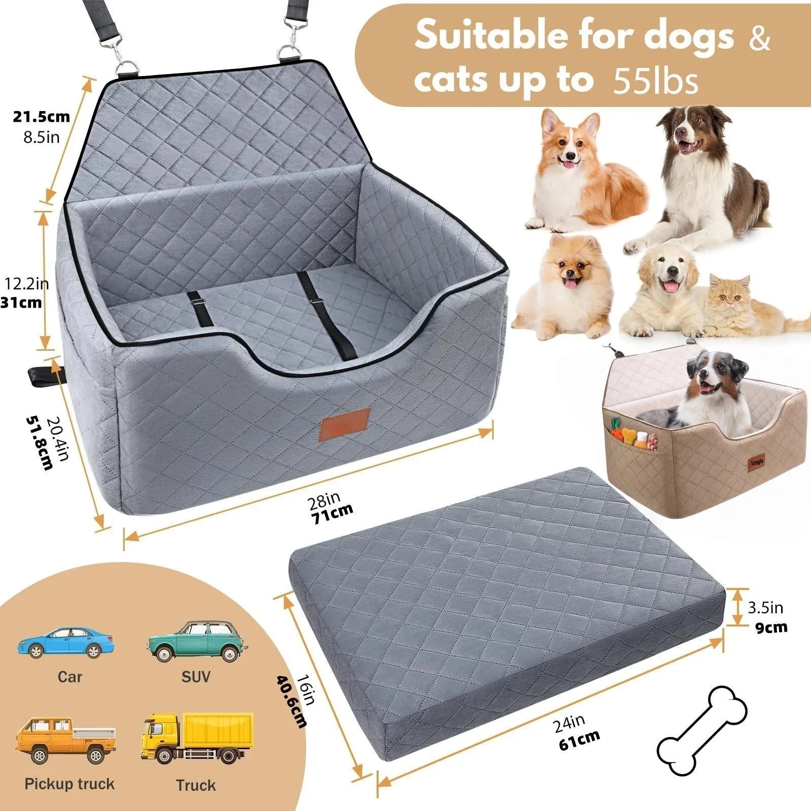 Breathable cloth pet car nest for dogs in rear row, size 70x50x30cm, gray colour