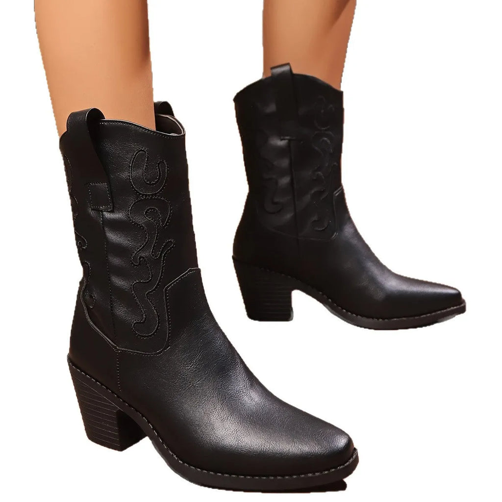 Black British style chunky heel pointed toe mid-calf plus size ankle boots with block heel and PU upper