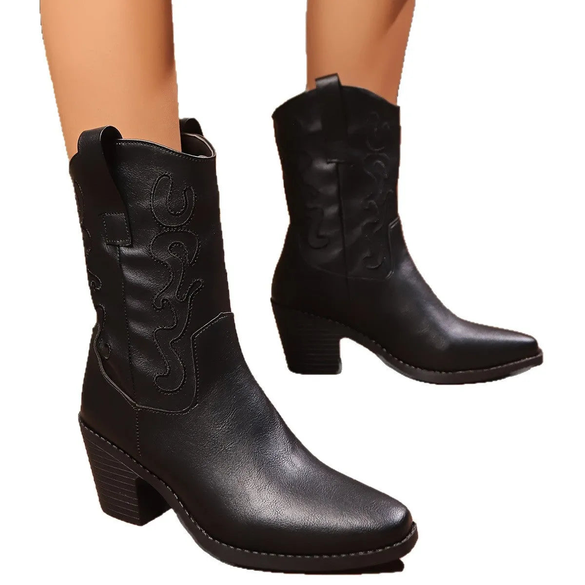 Black British style chunky heel pointed toe mid-calf plus size ankle boots with block heel and PU upper