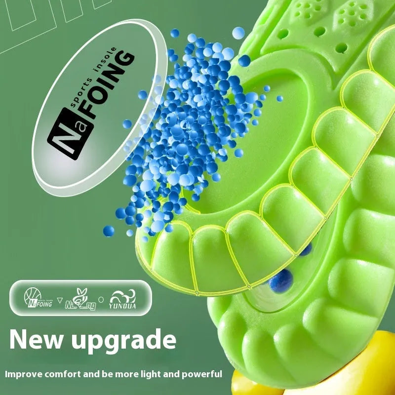 Green PU sports insoles with air cushion shock absorption and argy wormwood lining on a white background