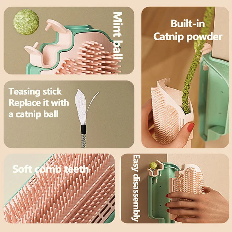 Ice cream-shaped cat scratching toy with corner rubbing post, mint ball, and feather attachment on white background.