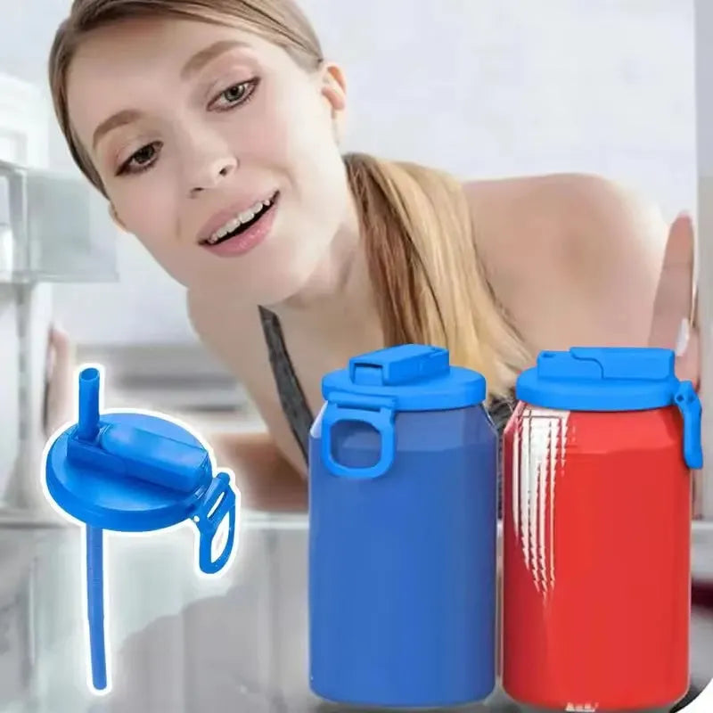 Reusable plastic soda can lid with straw in blue colour on a standard aluminium can