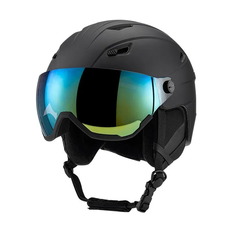 Unisex skiing helmet cover with PC shell EPS liner in matte black lens style, side view