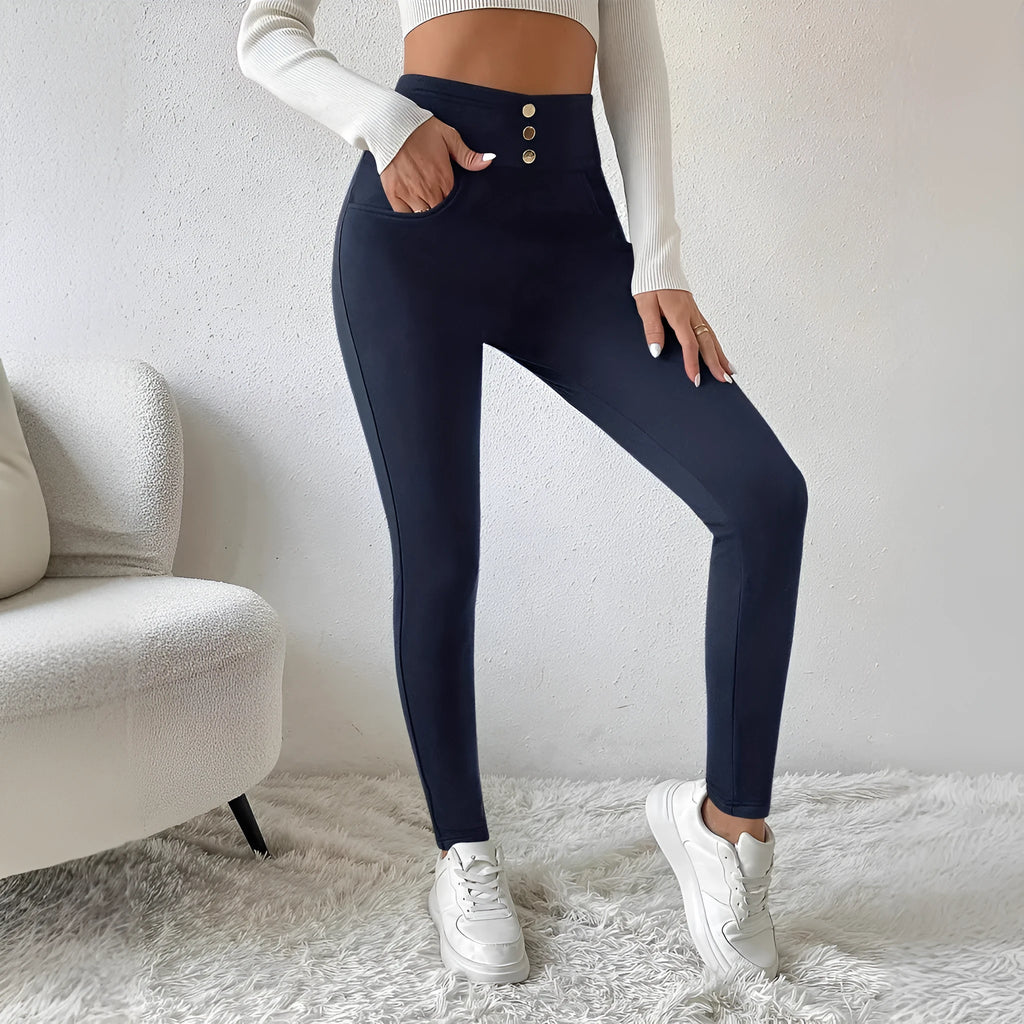 Navy blue women's high waist straight leg casual trousers on a hanger.