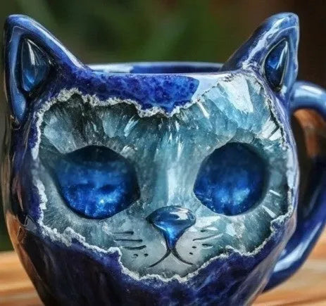 Pastel coloured geode style resin mug with a cat design, shown in purple.
