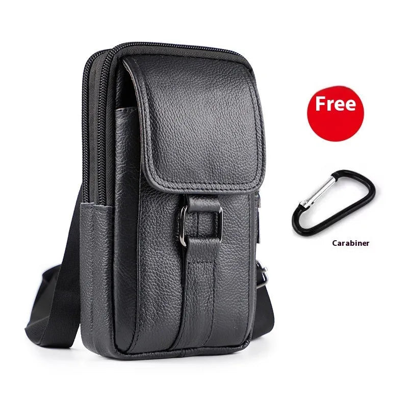 Genuine leather men's vertical square crossbody waist bag with a lock.