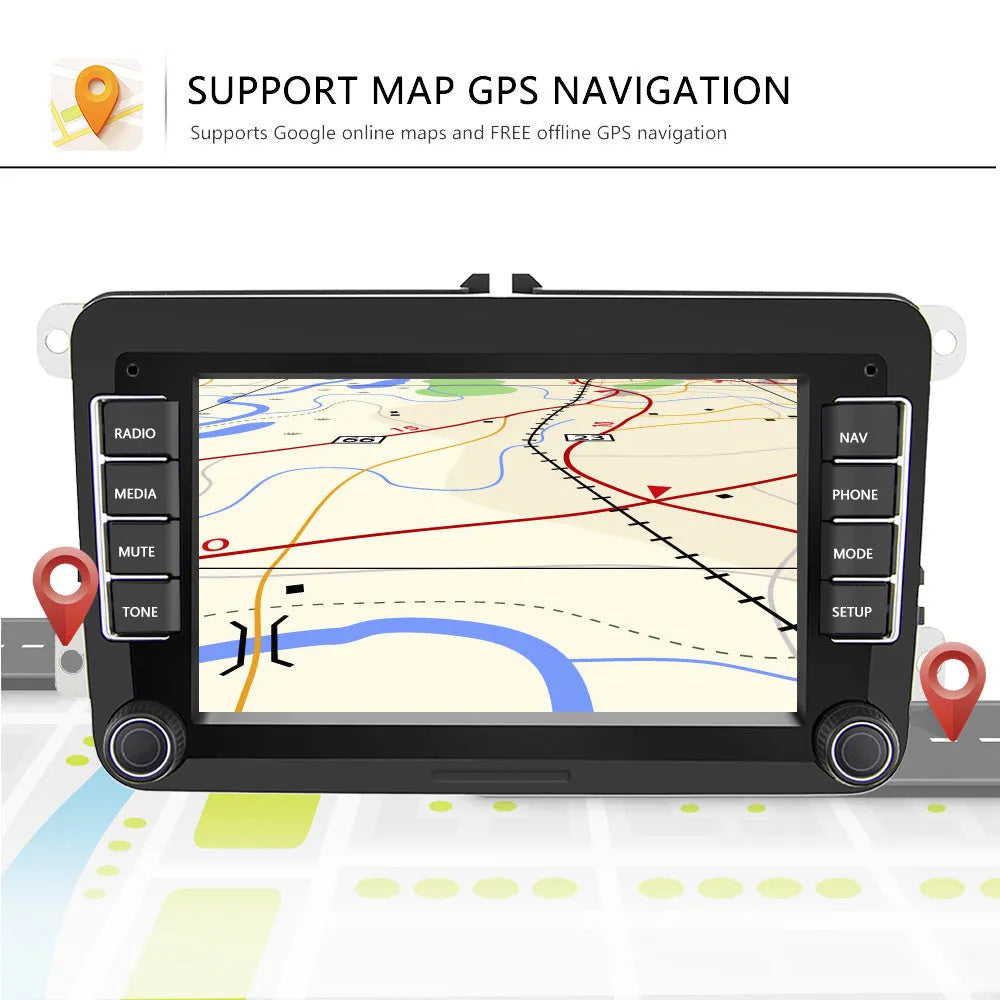 Universal Android 12 car stereo with 7-inch screen for Volkswagen, showing Carplay and app interface.