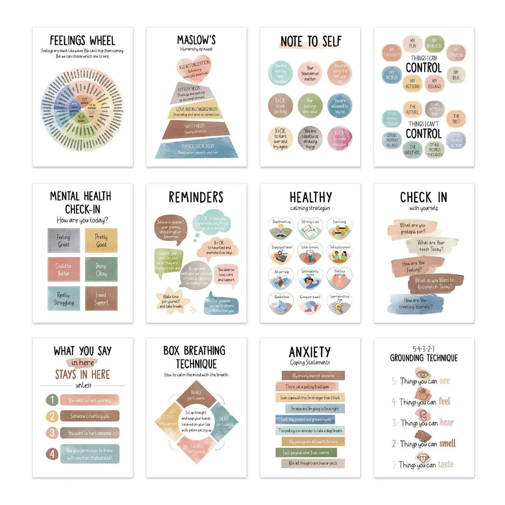 Set of 12 mental health posters with bright film finish, each 255x355mm, on a white background with 60 glue dots