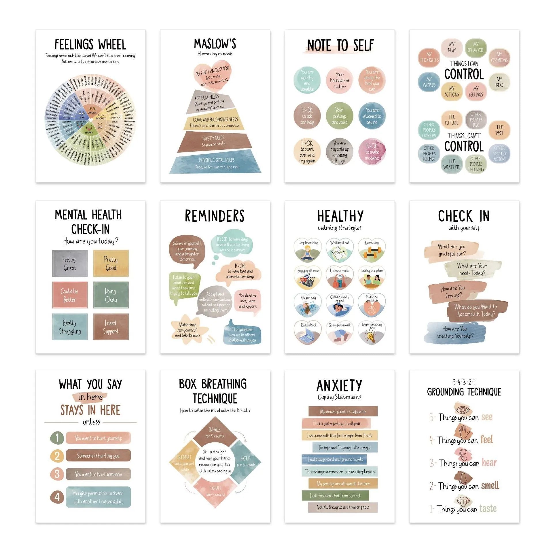 Set of 12 mental health posters with bright film finish, each 255x355mm, on a white background with 60 glue dots