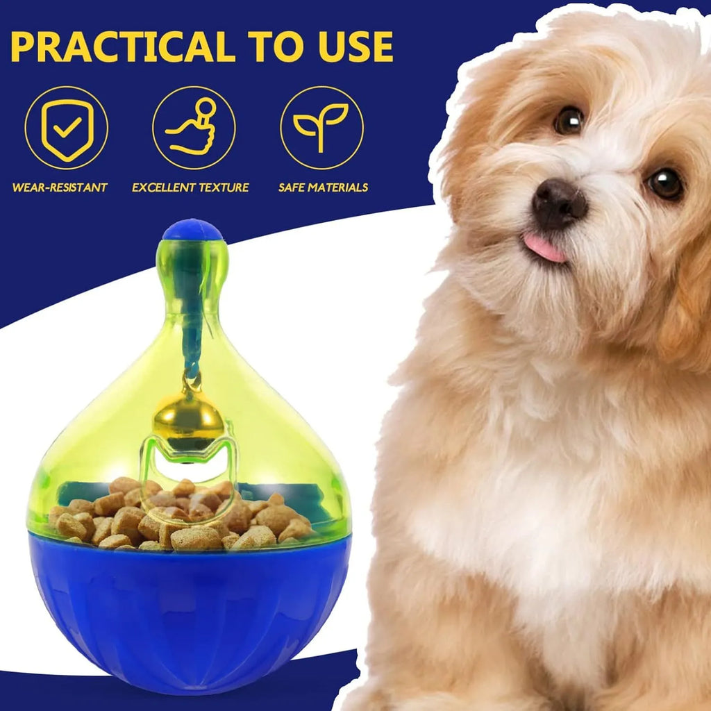 Blue and white durable plastic dog and cat treat dispenser puzzle ball toy.