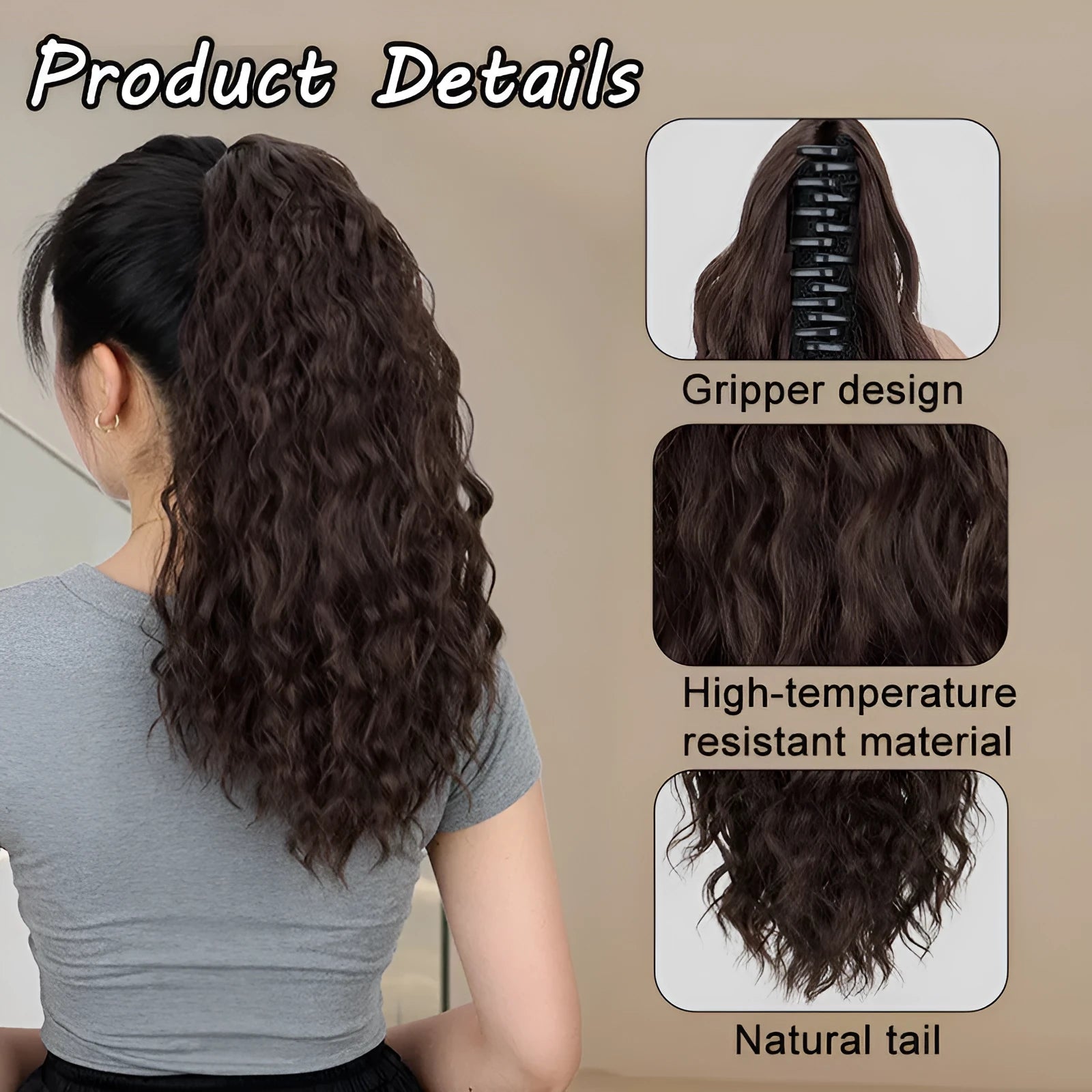 Corn curler ponytail wig with water ripple grip attachment in high temperature fibre hair, shown in colour 1B with a hair clip.