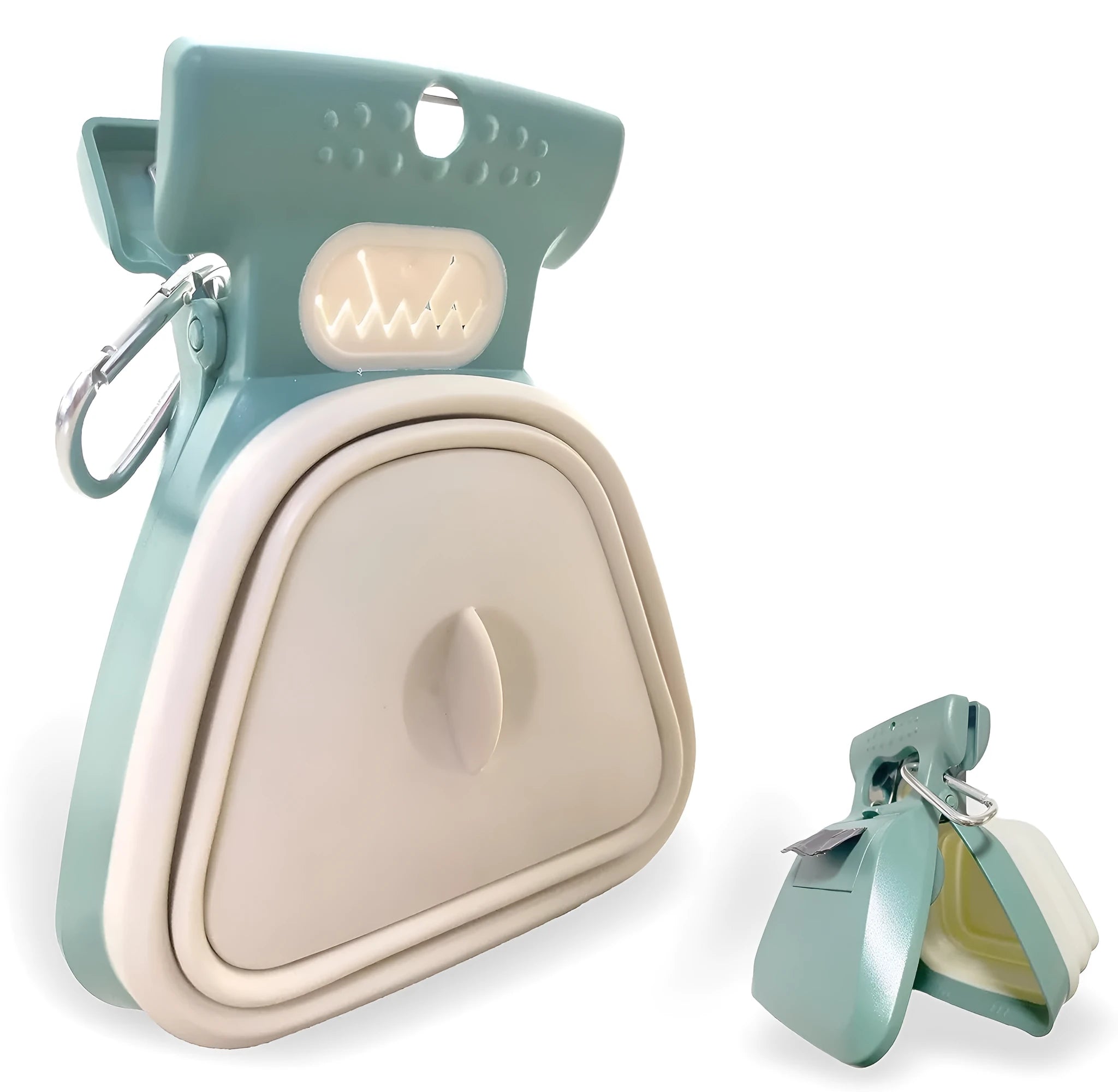 Blue portable dog pooper scooper with clip, shown unfolded with waste bag attached.