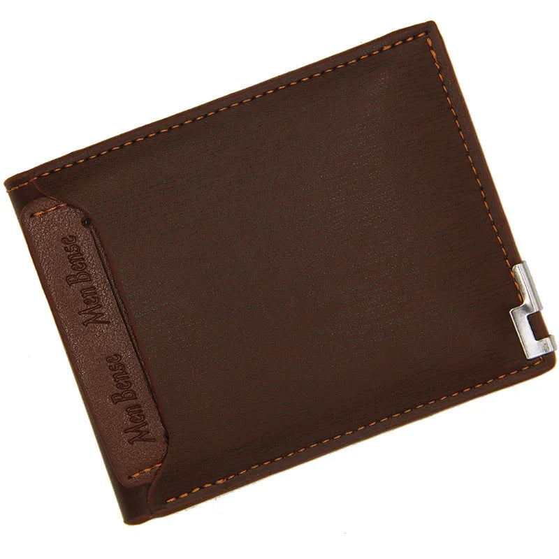 Men's black PU leather short wallet with iron-edge construction showing card slots and note compartment
