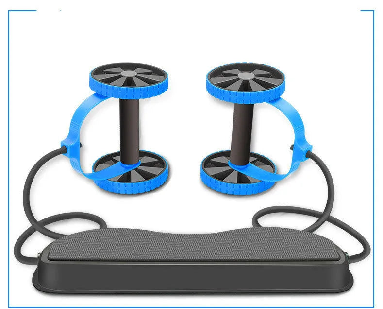 Green two-wheel abdominal wheel roller with 14-inch kneeling mat on floor for home exercise