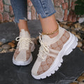 Women's breathable mesh lace-up sneakers in Light Brown with round toe and rubber sole