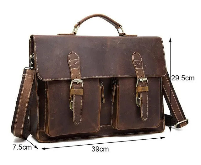 Men's yellow brown cowhide leather messenger bag with shoulder strap and nylon lining.