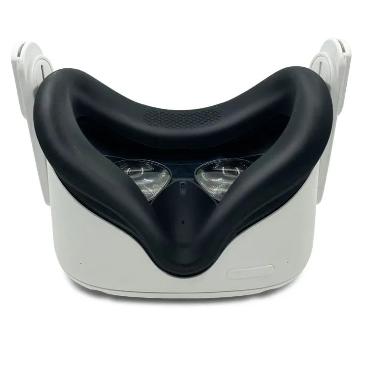 Black silicone VR accessory set showing glasses protective cover, eye mask, and controller handle grips.