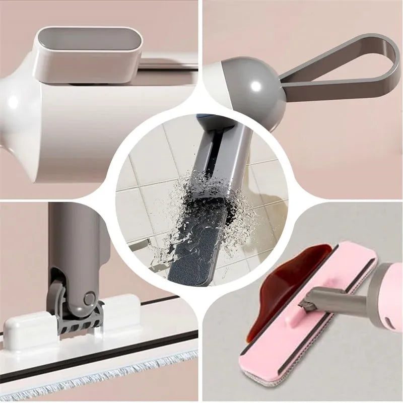 Rotatable self-squeeze mini flat mop with crevice brush and microfiber pads for floor cleaning