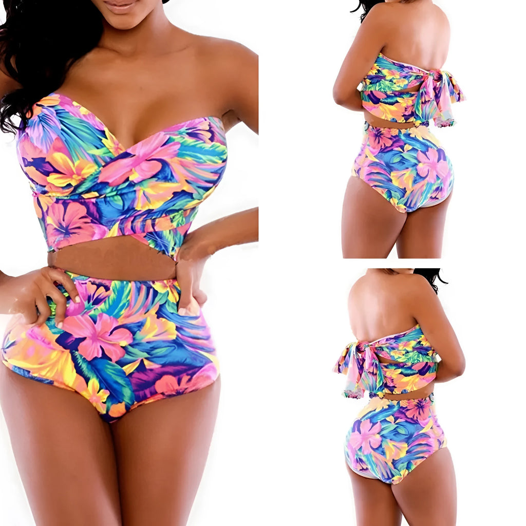 Red printed two-piece swimsuit with chest wrap design showing front and back views