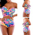 Red printed two-piece swimsuit with chest wrap design showing front and back views