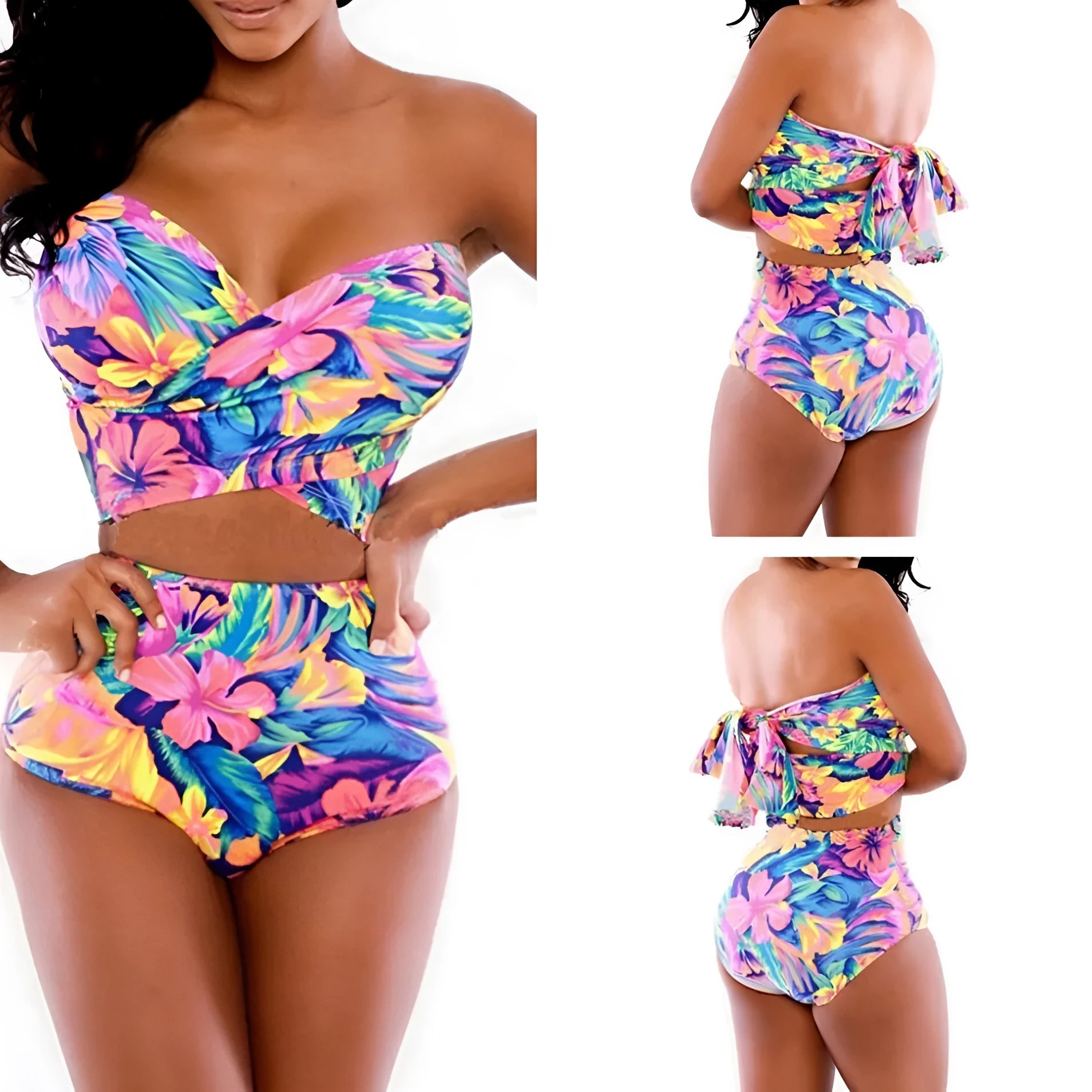 Red printed two-piece swimsuit with chest wrap design showing front and back views