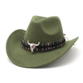Western cowboy hat with bell crown in Army Green, shown from the side on a wooden post.