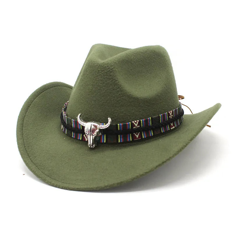 Western cowboy hat with bell crown in Army Green, shown from the side on a wooden post.