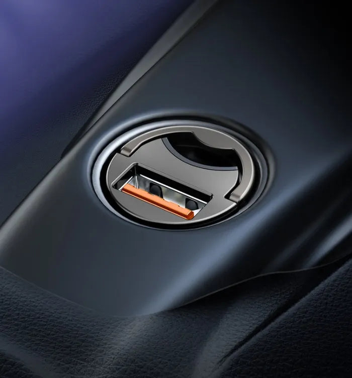 Grey Baseus mini car charger with single USB port and attached 1 metre cable.