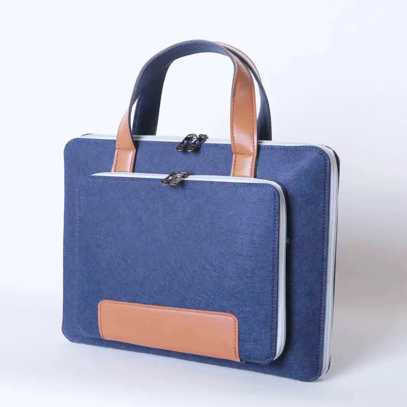 Fashion felt laptop bag multicolor handheld for 14-inch laptops, dark blue with pink zipper