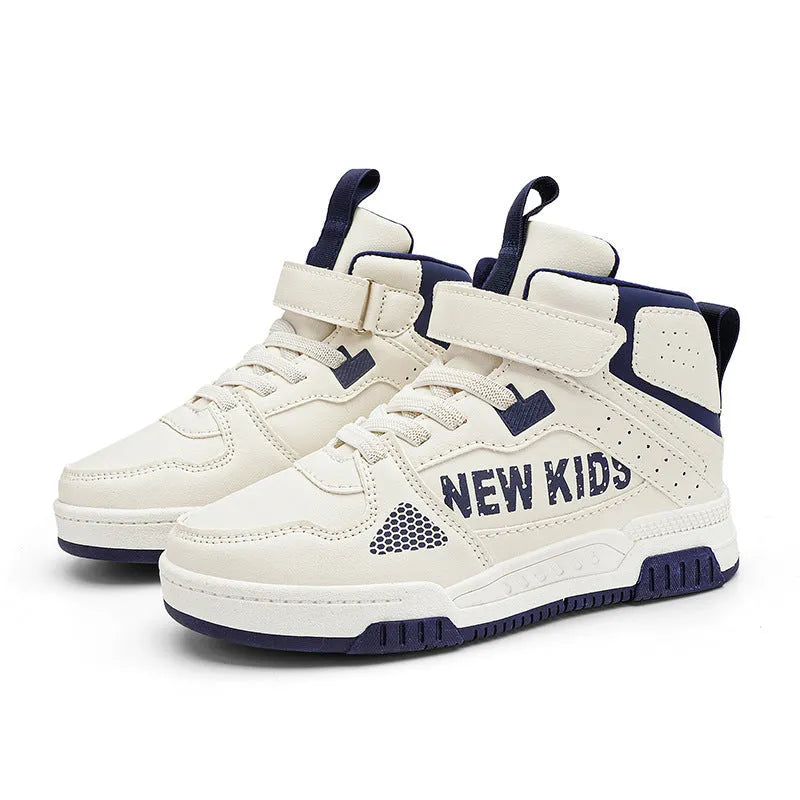 Children's coloured buckle sneakers with PU upper and rubber sole on a neutral background.