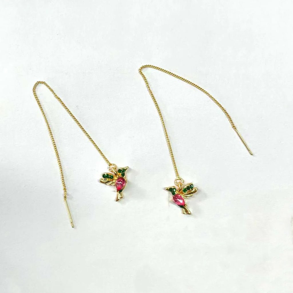 Long style bird hanging earrings with mixed zirconium wings, approximately 20-24cm length