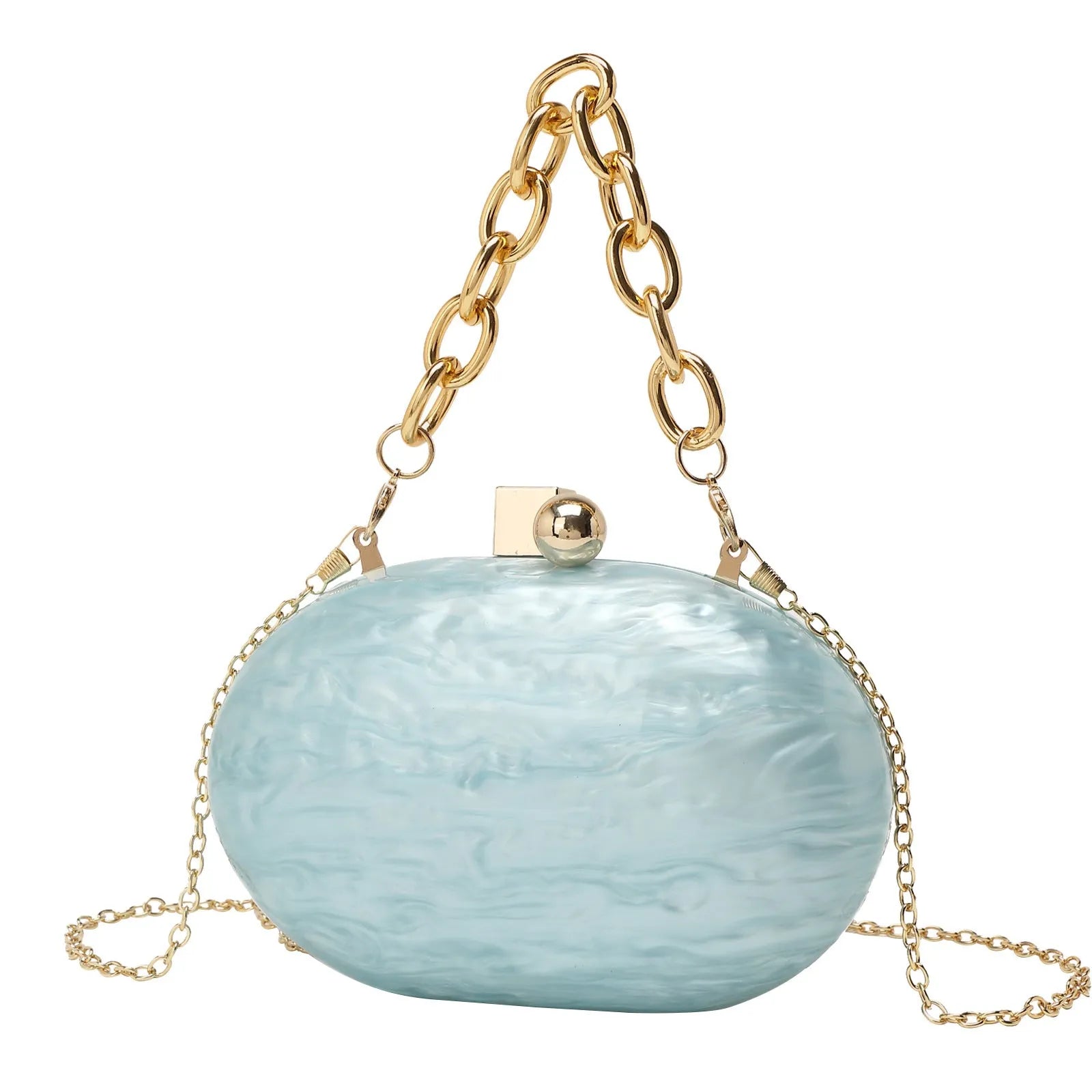 Hard acrylic oval clutch bag with chain strap in a pearlescent colour with phone and file compartments visible.