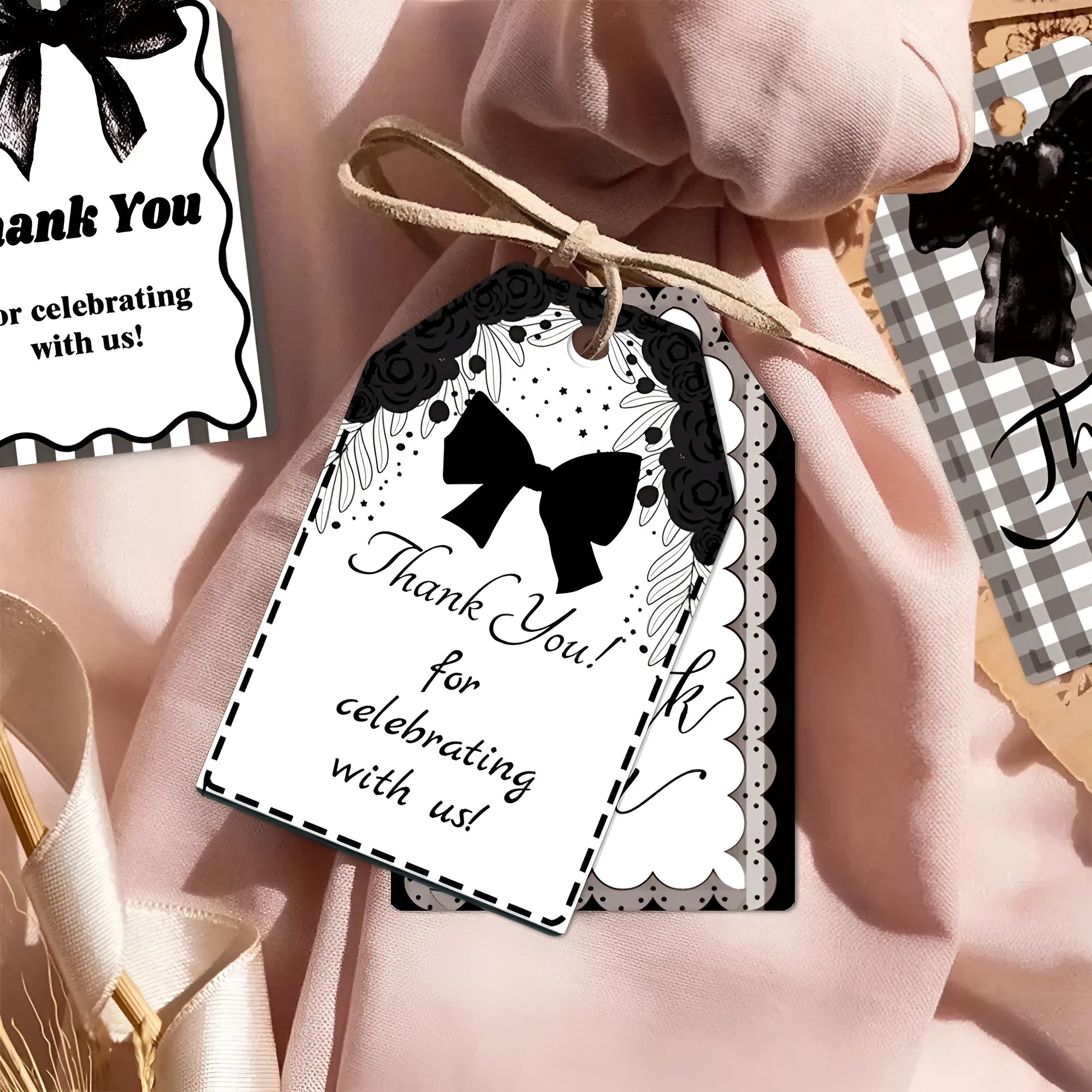 Sixty paper bowknot gift tags with natural hemp rope in three different designs for birthday parties.
