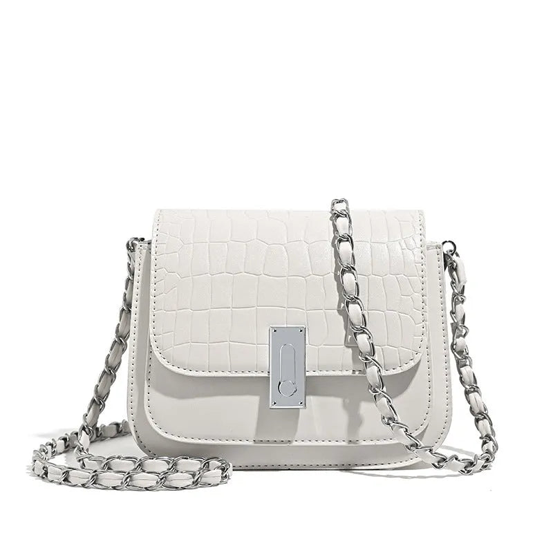 Women's soft PU crossbody shoulder bag in horizontal square shape, shown in black, white, and green colours.