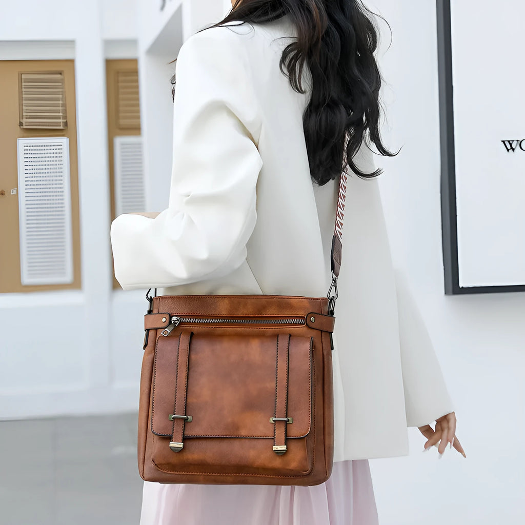 Women's multi-pocket bucket bag in medium-soft PU, six colour options available