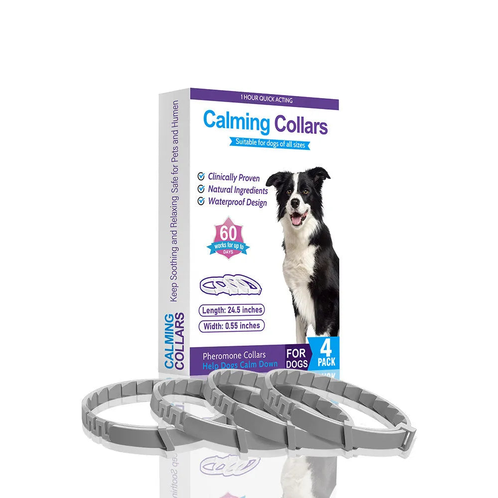 Four-pack of monochrome patterned dog anxiety relief collars in assorted colours on a white background.