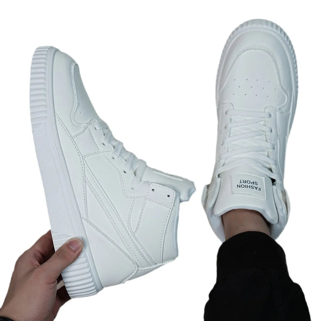 White men's casual microfiber shoes with a round toe, shown on a plain background.