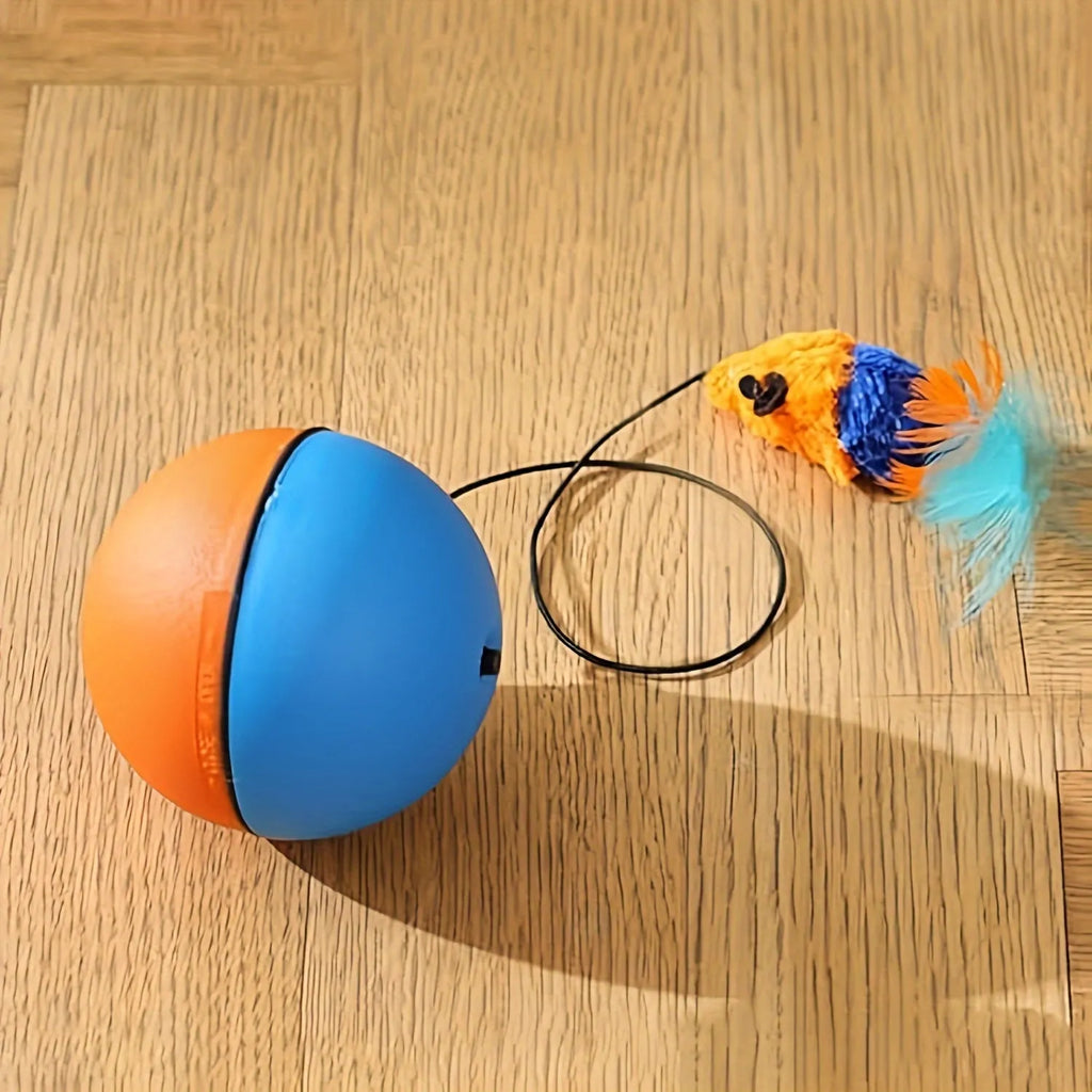 Interactive blue and orange cat toy ball with plush mouse measuring 8.5x8.5x9 cm