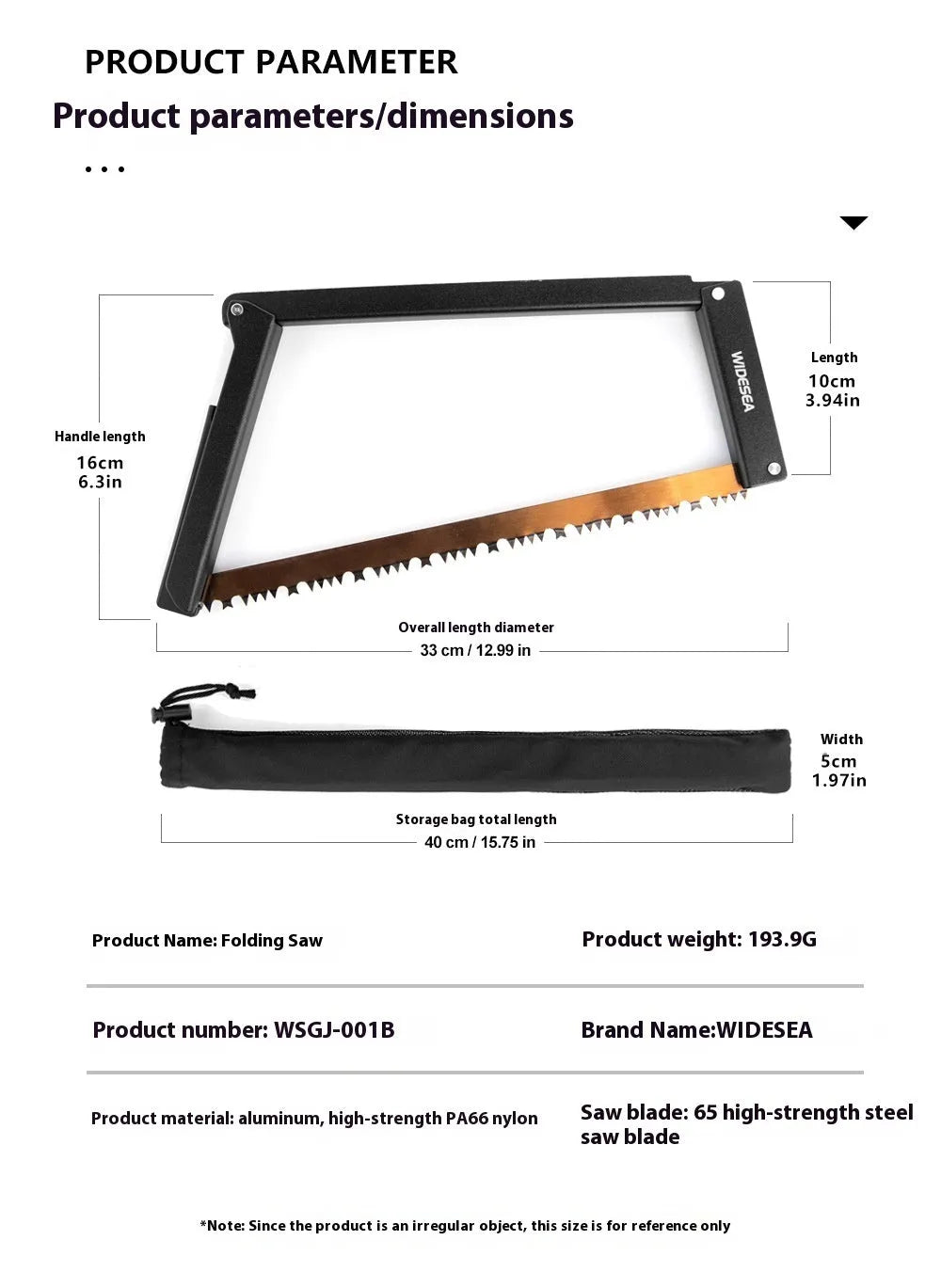 Black foldable outdoor saw with aluminium and nylon handle, blade extended.
