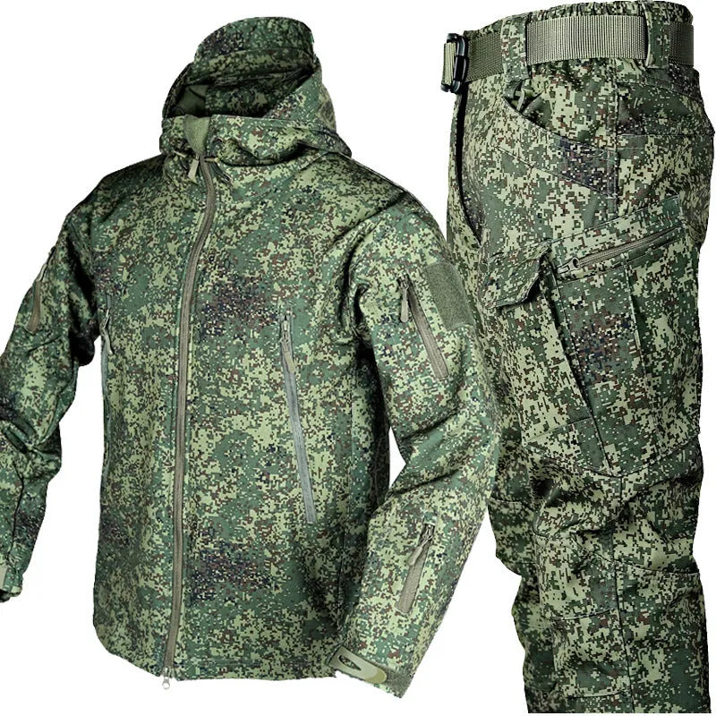 Grey shark skin thermal suit one-piece set with hood for outdoor winter use