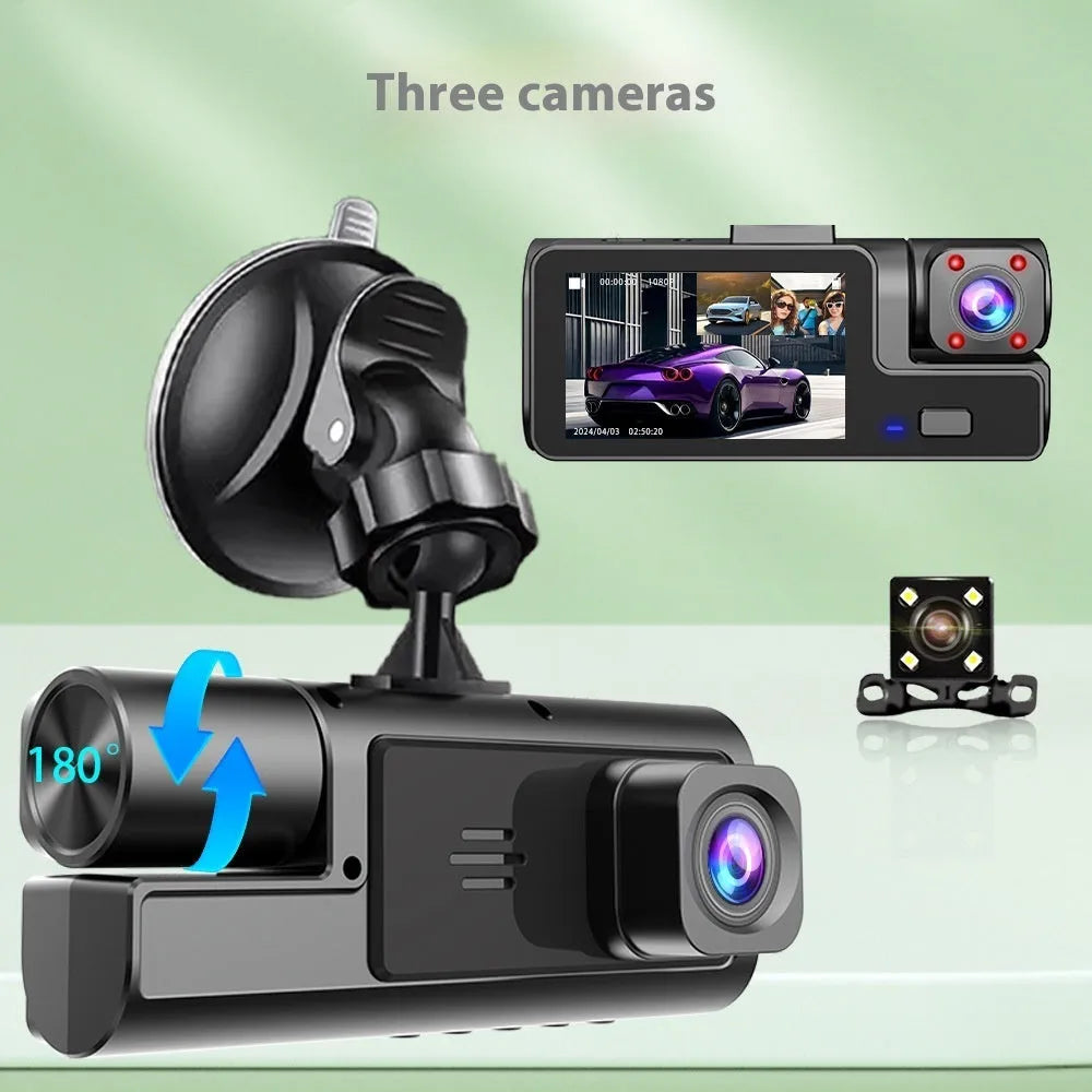 Black front and rear Wi-Fi car dash cam with 2.0 inch screen mounted on windscreen, showing rear camera feed.